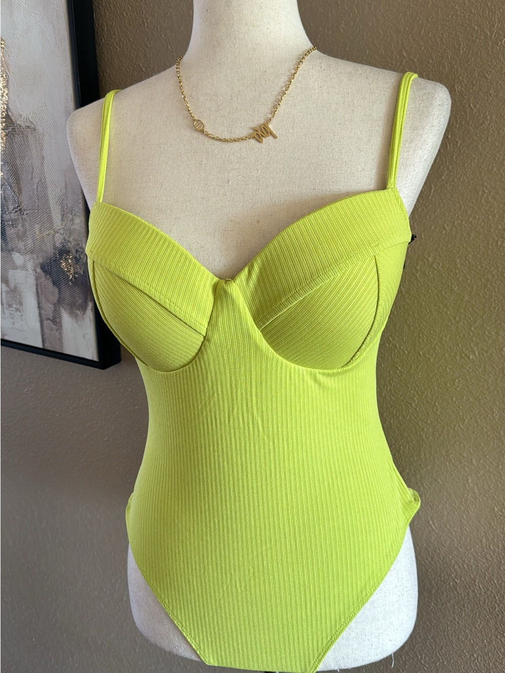 Neon Lime Ribbed Bustier Bodysuit with Underwire - Women - Picture 4 of 7